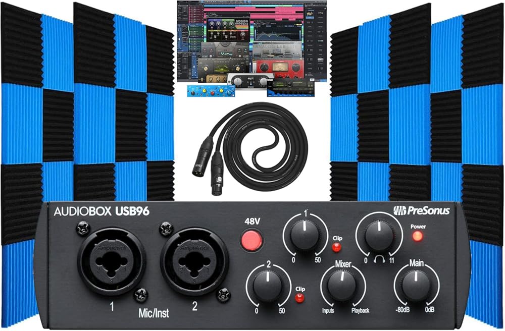 PreSonus AudioBox 96 2x2 USB Audio/MIDI Interface with XLR Complete Bundle with Studio One Artist Software Pack with 24 Pack Acoustic Soundproof Studio Foam Wedges Sound Insulation Panels