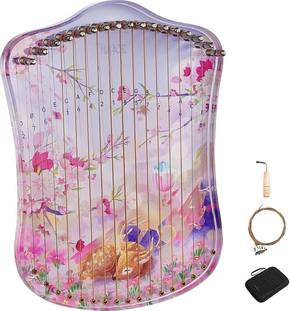 Mini Lyre Harp with Deer Pattern, Fingerpicking String Instrument, Metal Strings Acrylic Thumb Piano with Tuning Wrench(Color:Default)