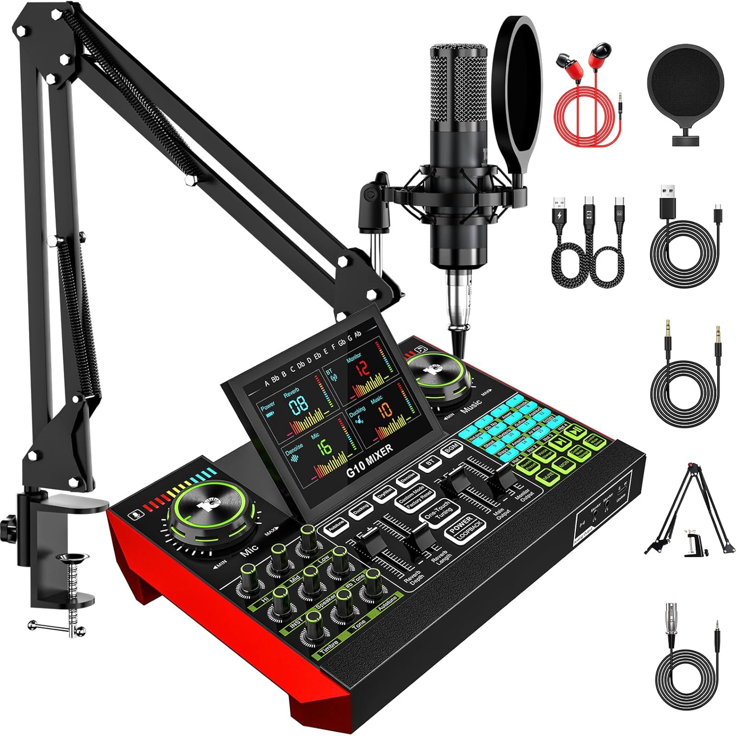 Podcast Equipment Bundle with 3.5mm P15 Condenser Microphone for Pc/Phone Live Streaming Singing Gaming, Podcast Microphone Bundle with Live Sound Board Audio Mixer,Voice Changer, Denoise,DJ Sets