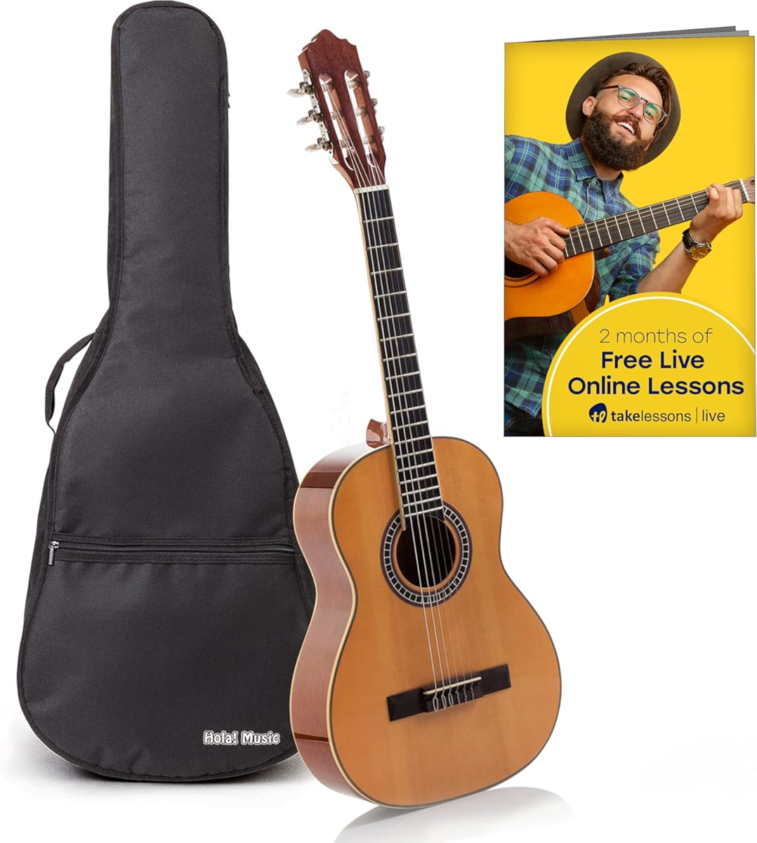 Classical Guitar with Soft Nylon Strings by Hola! Music, Junior 3/4 Size 36 Inch Wooden Guitar, Natural Gloss Finish - FREE Padded Gig Bag Included