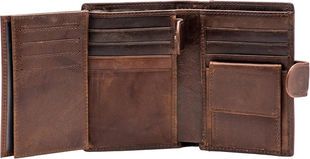 Mens Large RFID Blocking Genuine Leather Wallet Trifold Card Holder with Snap Closure and 3 ID Windows (Coffee)