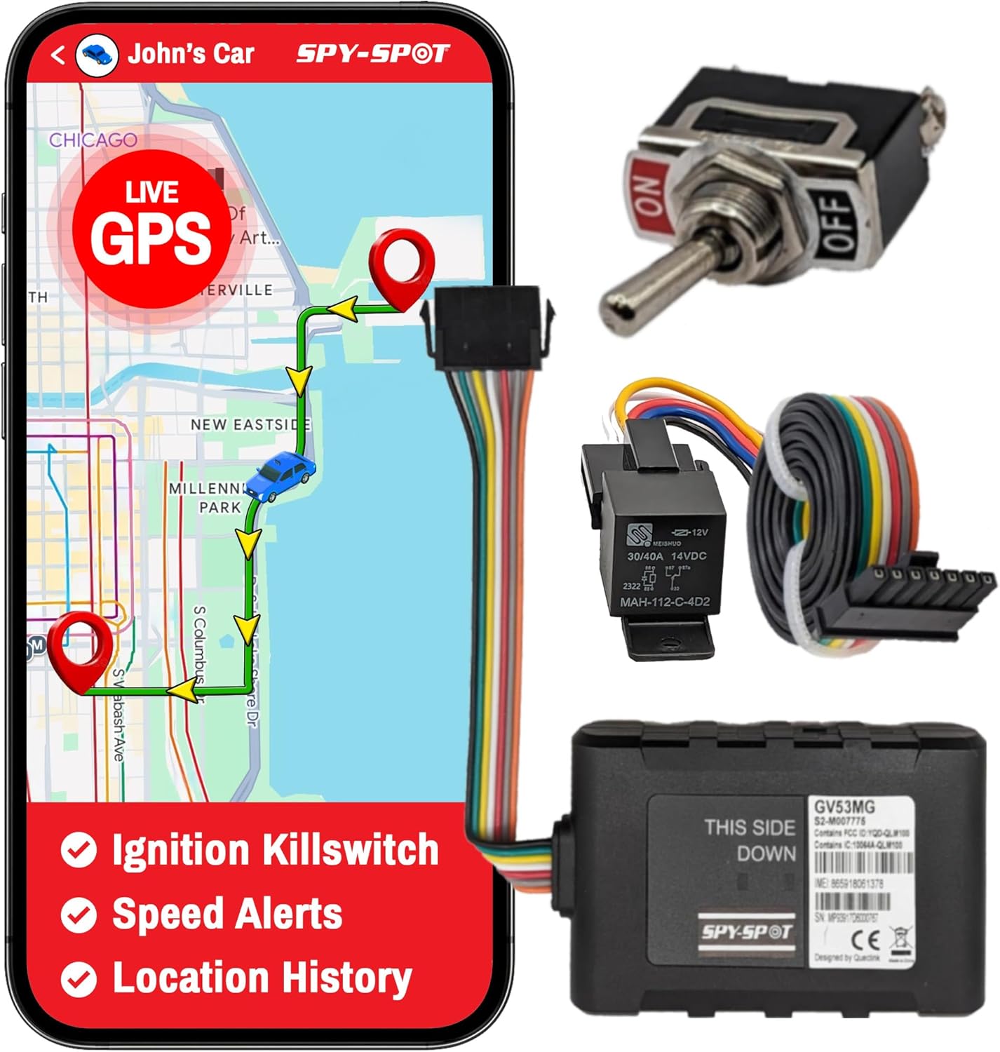 Spy Spot GV53MG GPS Vehicle Tracker with 4G Hard Wire Kill Switch, Remotely Disable The Ignition from Any Location, Real-Time Locator and Tracking Device with US,CA,MX Coverage, Subscription Required