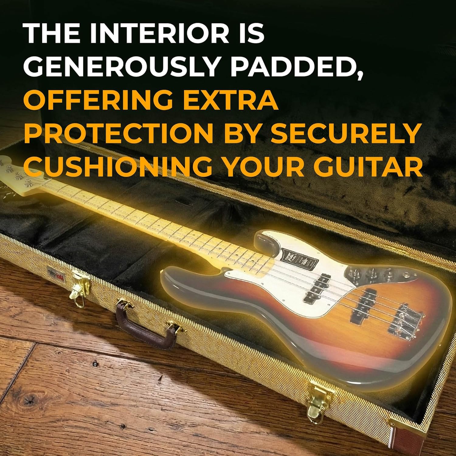 Gearlux Bass Guitar Hard Case, Fits Fender Precision/Jazz Bass and More with Exterior Lock and Key, Interior Accessory Compartment, and Plush Interior Padding - Tweed