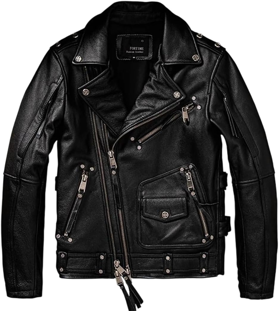 Men Sports Genuine Natural Cowhide Turn-Down Collar Diagonal Zipper Black Winter Leather Jacket Coat
