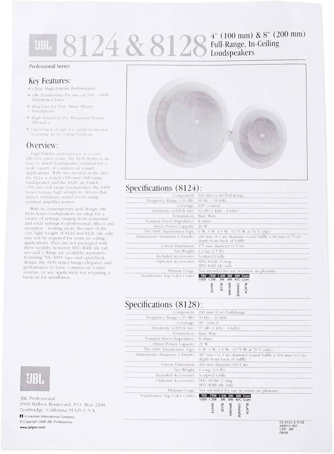 JBL 8124 - Full-Range In-Ceiling Loudspeaker with 70 Volt/100 Volt Taps (4 Pack)