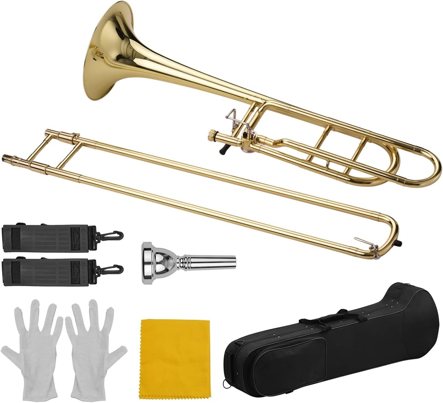 FLFL Student Trombone Intermediate Bb Flat Tenor Slide Trombone with F Trigger Including Mouthpiece Carry Case Gloves Cleaning Cloth