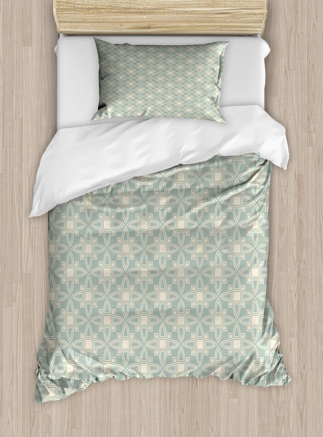 Ambesonne Vintage Duvet Cover Set, Retro Geometric Circular Nested Squares Abstract Star Inspired Shapes, Decorative 2 Piece Bedding Set with 1 Pillow Sham, Twin Size, Dark Sea Green Champagne