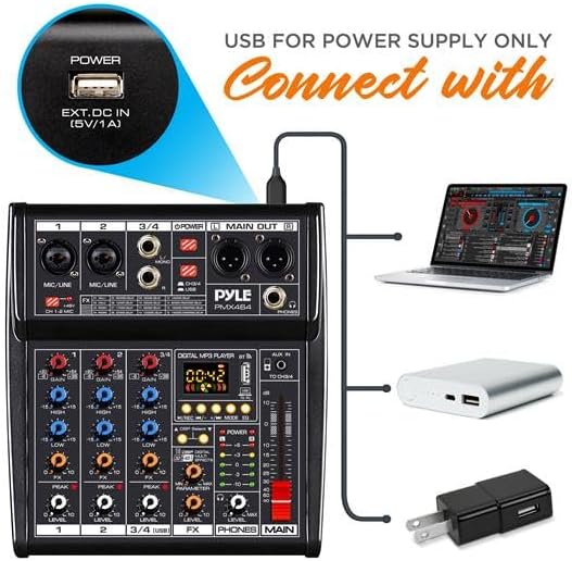 Pyle Professional DJ Audio Mixer Controller - 4-Channel DJ Controller Sound Mixer w/DSP 16 Preset Effects, USB Interface, 2 XLR Mic/Line Input, AUX, FX Processor MP3 Player, Headphone Jack PMX464
