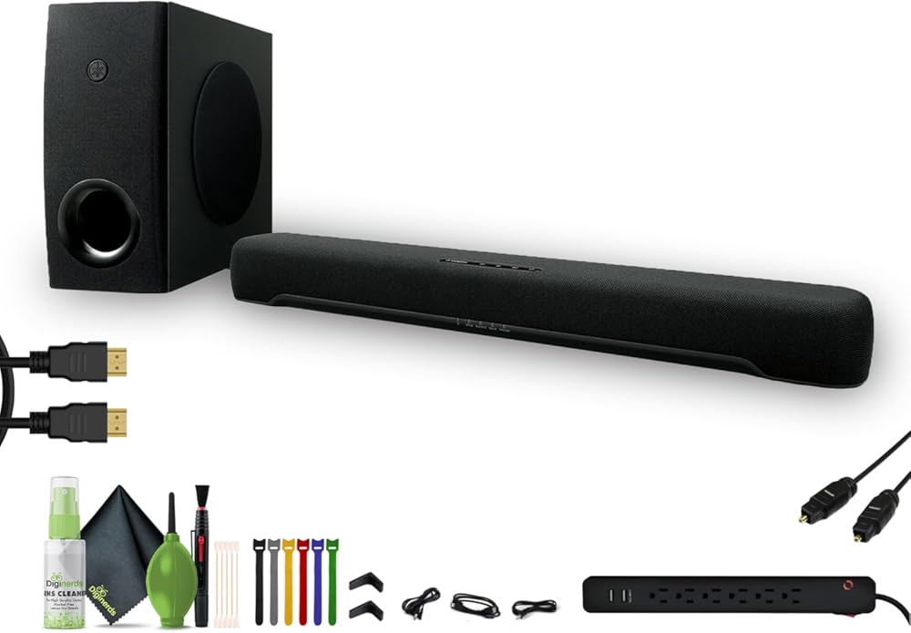 Yamaha SR-C30A 90W 2.1-Channel Soundbar System + 6-Outlet 2 USB 400 Joule Surge Protector, Black + Cleaning kit + HDMI Cable Gold Plated 6FT + More