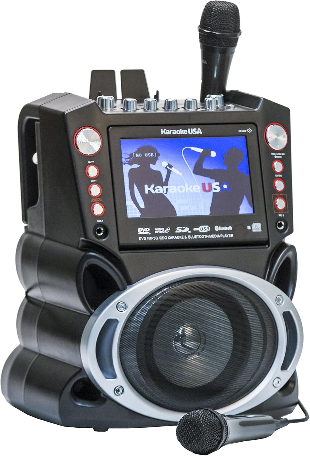 Karaoke USA GF845 Complete Karaoke System with 2 Microphones, Remote Control, 7” Color Display, LED Lights - Works with DVD, Bluetooth, CD, MP3 and All Devices