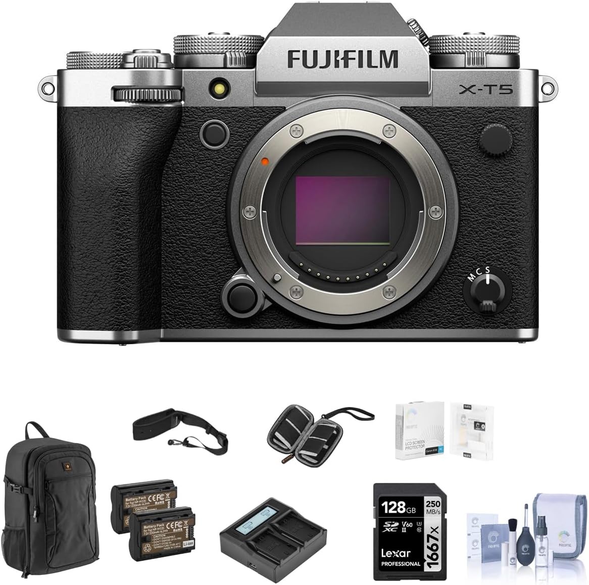 Fujifilm X-T5 Mirrorless Camera, Silver Bundle with 128GB SD Card, Backpack, 2x Battery, Charger, Screen Protector, Camera Strap, SD Card Case, Cleaning Kit