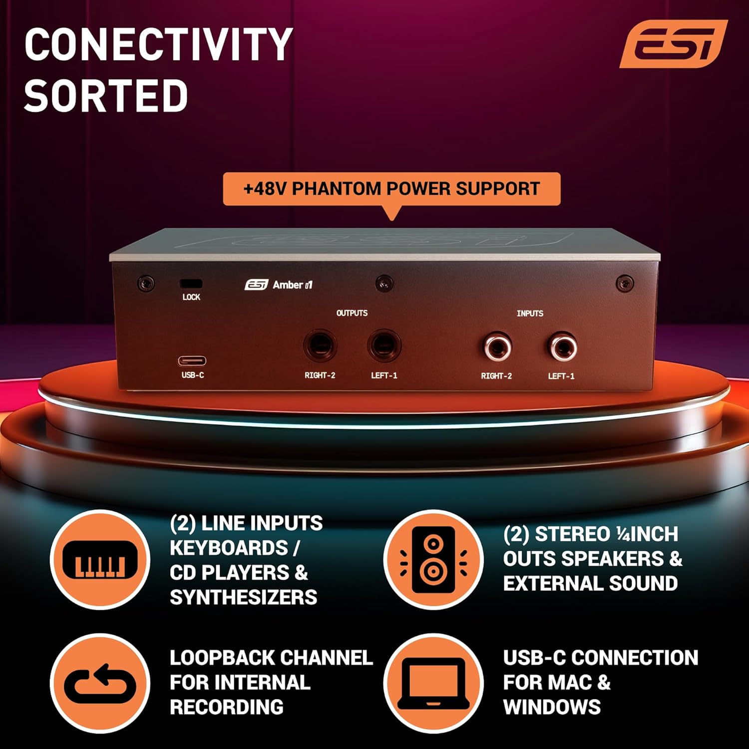 ESI Amber i1 USB Audio Interface with Audio Mixer for Guitarists, Vocalists & Producers - Studio-Quality Sound, 24-Bit/192kHz, RCA, 2-in/2-out with Separate Line Inputs, Professional Software Included
