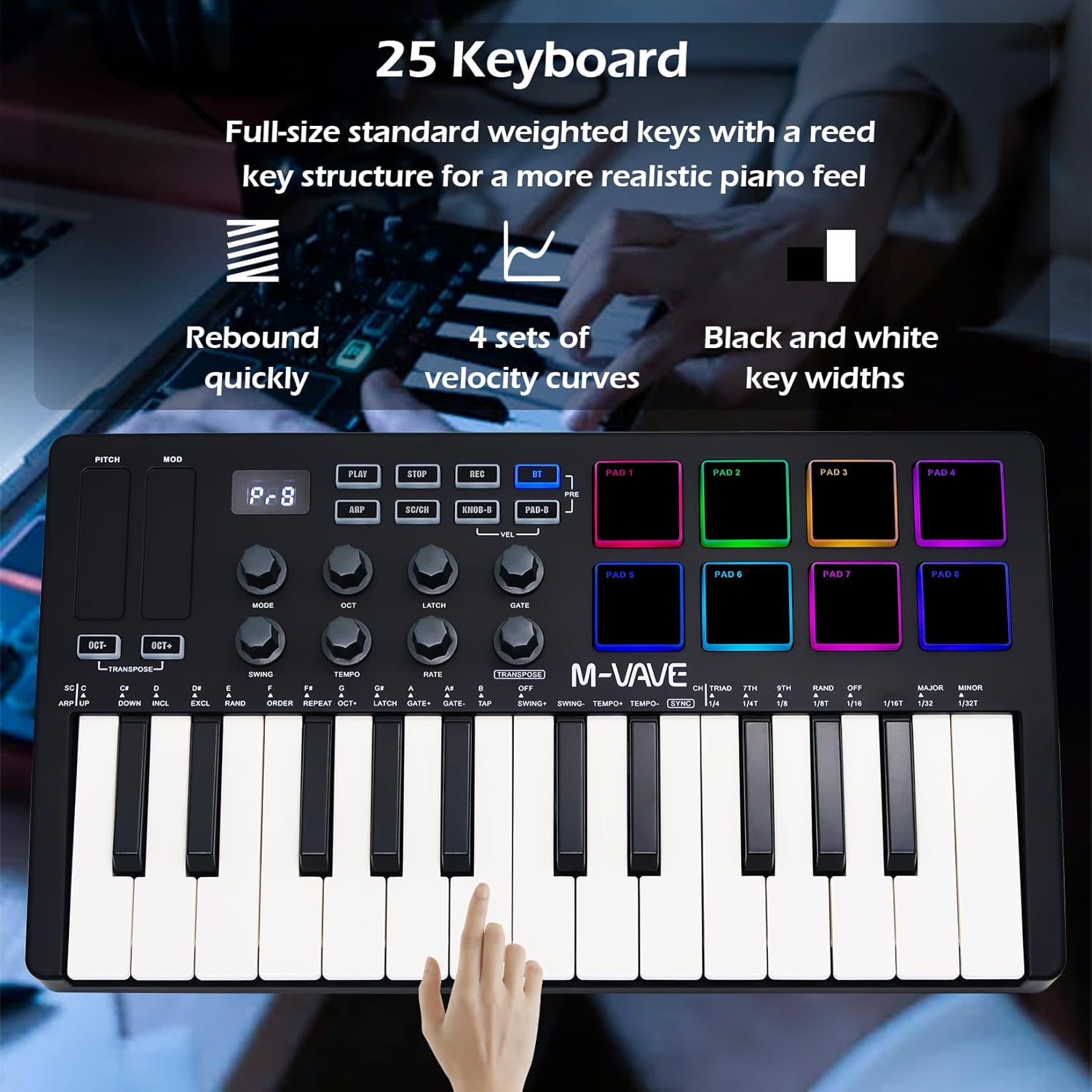 M-VAVE 25 Keys 8 Backlit Drum Pads MIDI Keyboard – Professional Beat Maker and Keytar for Keyboard Music Production Builtin Battery Wireless Connect Black