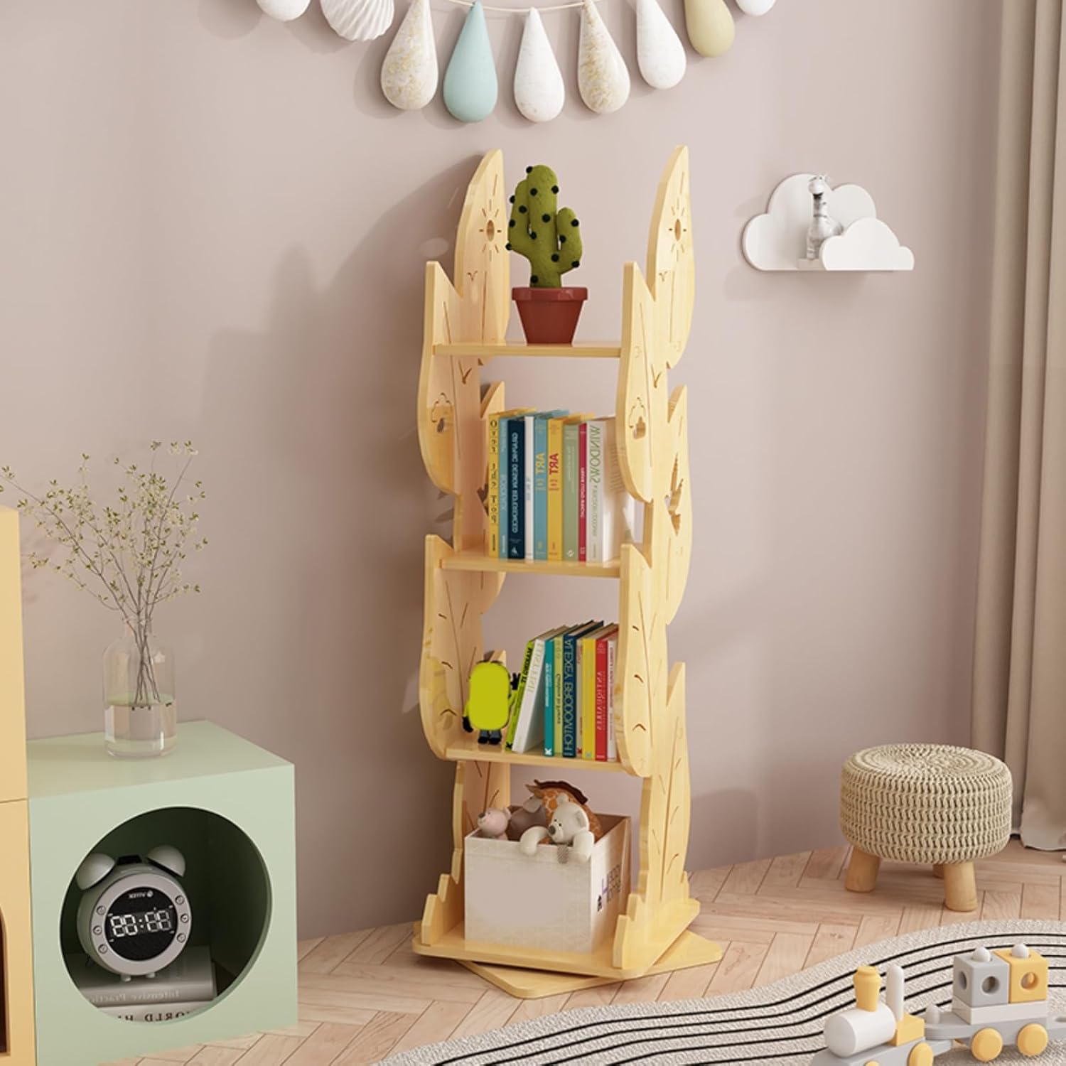 Kids Rotating Bookshelf 4-Tier Small Book Shelf, Corner Kids Bookcase 360° Display Spinning Bookshelf Tower, Narrow Storage Shelves for Small Space Bedroom