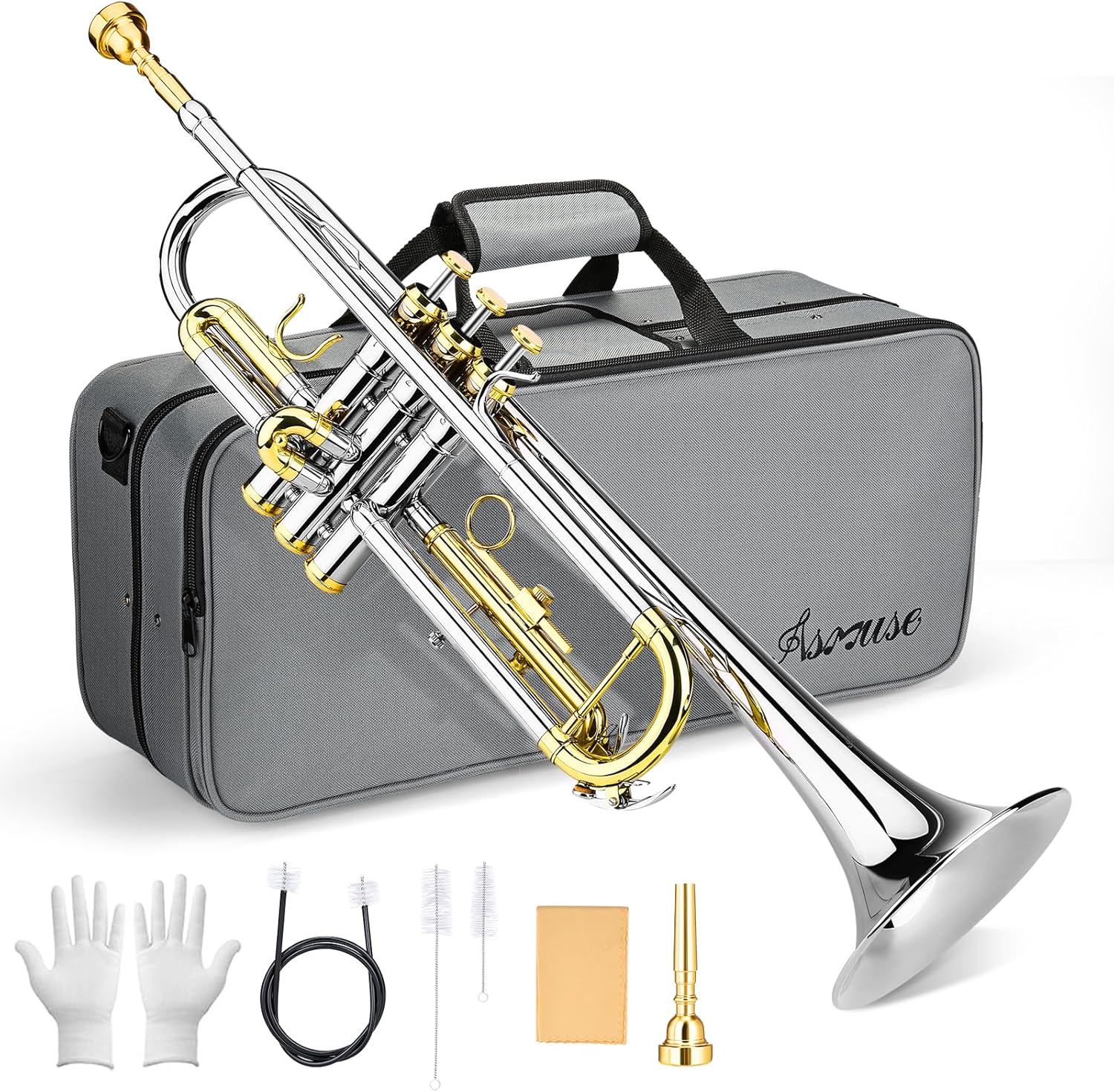 Asmuse Professional Trumpet Instrument Set,Student Trumpets for Beginners, Trompetas Musicales with Hard Case, Brass Instruments with Trumpet Cleaning Kit Gloves 7C Mouthpiece