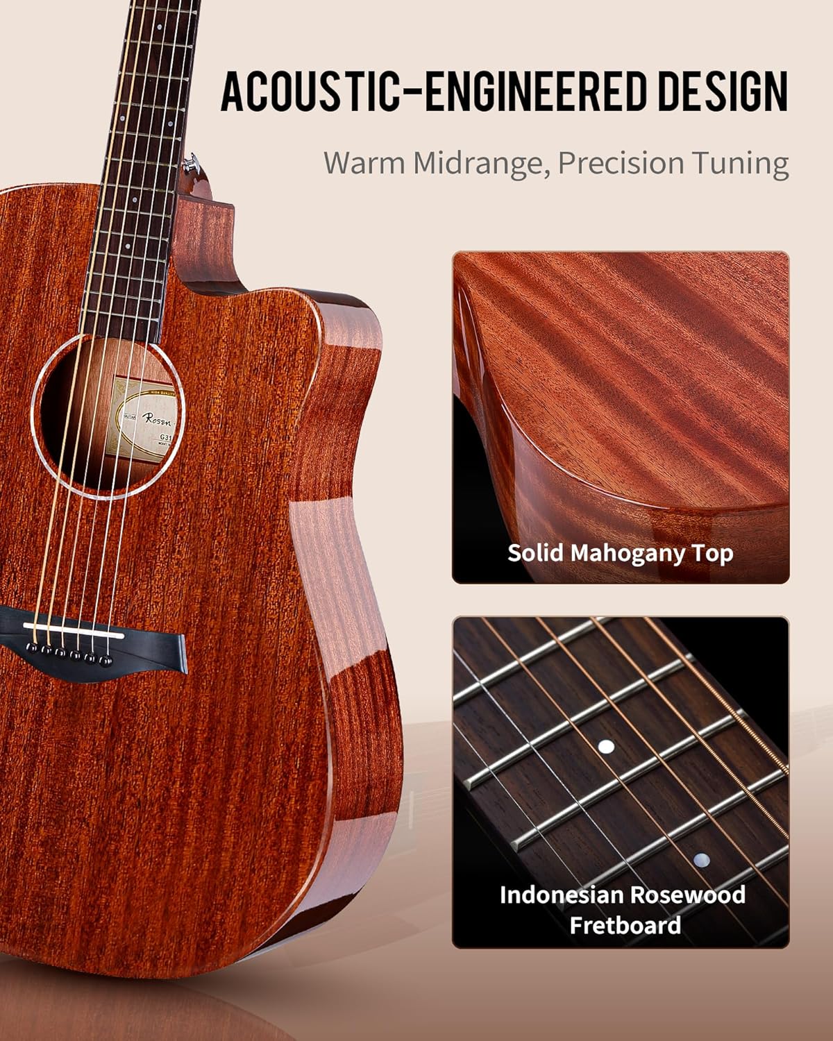 Rosen G31 Dreadnought Acoustic Guitar Soild Mahogany Top 41 Inch Guitarra Full Size Cutaway with Gloss Finish Bundle Starter Kit with Gig Bag, Strings, Strap, and Picks
