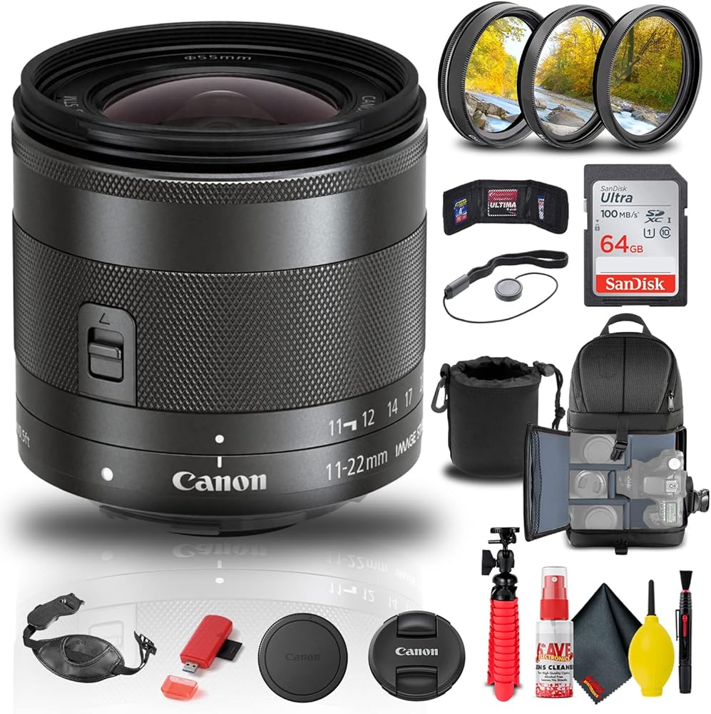 Canon EF-M 11-22mm f/4-5.6 is STM Lens (7568B002) + Filter Kit + Backpack + 64GB Card + Lens Pouch + Card Reader + Tripod + Memory Wallet + Cap Keeper + Cleaning Kit + Hand Strap + More (Renewed)