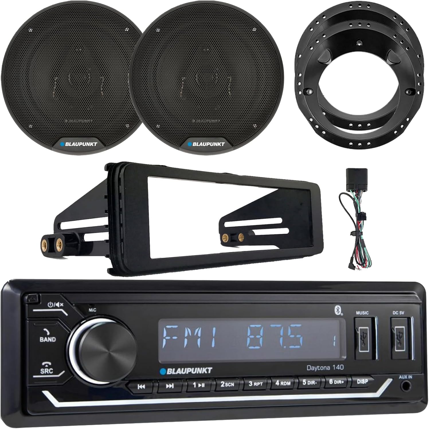 BLAUPUNKT Daytona 140 Single-DIN USB/SD AM/FM Radio Bluetooth Stereo Black Receiver W/Install Kit, 2X 6.5 70 Watt Max Power 3-Way Slim Design Speakers W/Adapters (Fits 1998-2013 HD)