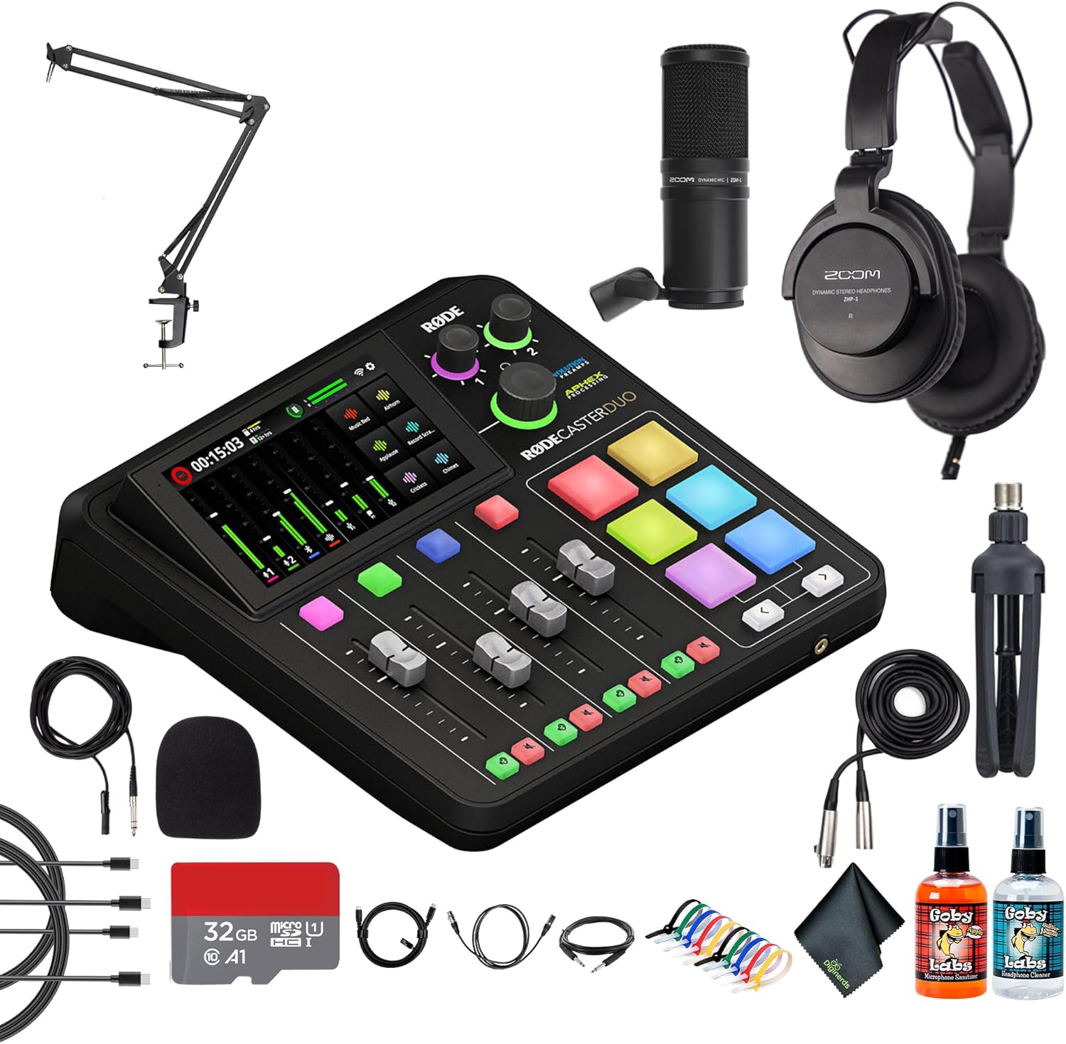 RODE RODECaster Duo Integrated Audio Production Studio | Compact Mixer with Dual USB Interface & Bluetooth | For Podcasting & Live Streaming (RCDUO) + Headphones + Podcast Microphone + Mic Arm + More
