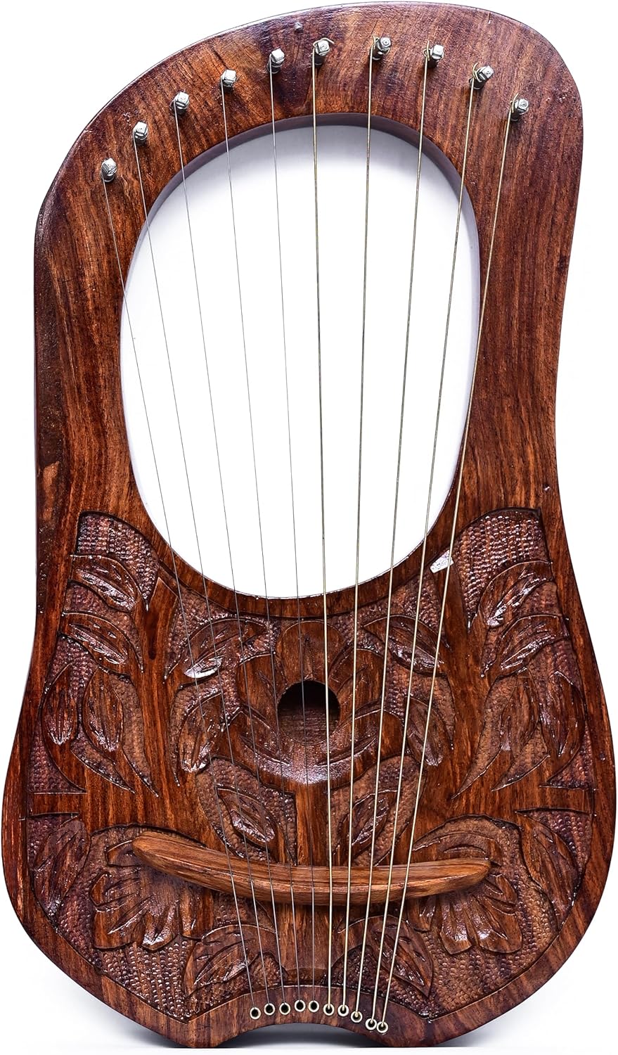 KZA Scottish Lyre Harp 10 Metal Strings Engraved Wood With Free Carrying Bag & Key Natural Finish,Rosewood hand made