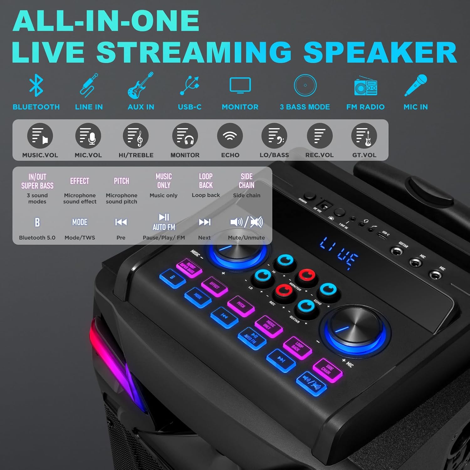 GTSK210‑1 Karaoke Machine for Adults with 2 Wireless Microphones, Portable Bluetooth Singing Speaker, PA System Treble & Bass, Live Streaming, Support USB/AUX/TF Card for Home Party Outdoors