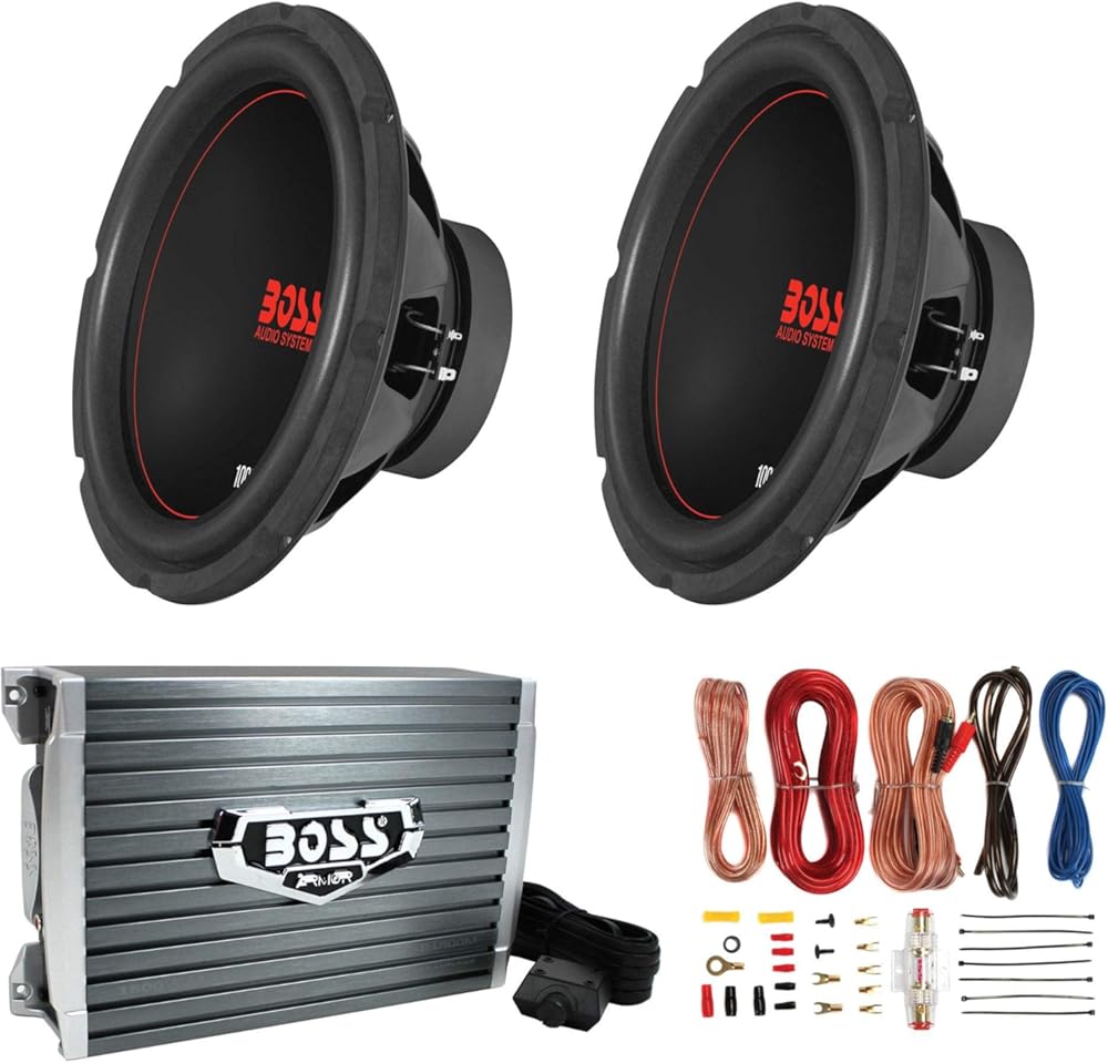 2 Boss CXX104DVC Chaos Exxtreme 10-Inch 1000W DVC 4 Ohm Subwoofer, Black and AR1500M Mono MOSFET Power Amplifier and AKS8 Amplifier Installation Kit