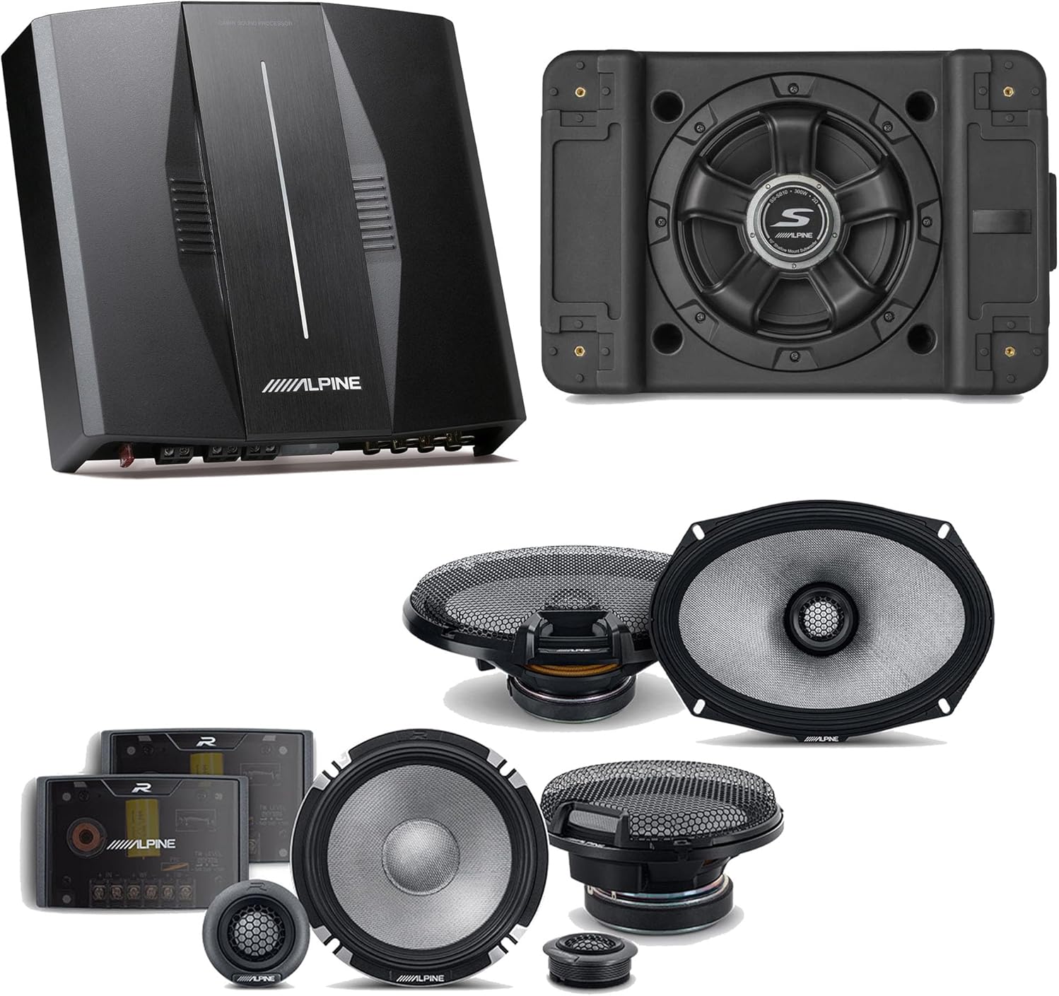 Alpine PXE-C80-88 OPTIM8 8-Channel Hi-Res Digital Sound Processor Amplifier w/SS-SB10 Subwoofer, R2-S652 & R2-S69 Bundle