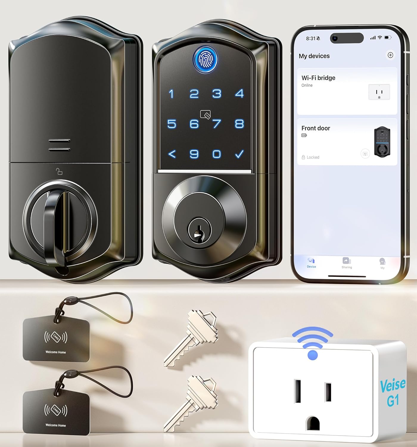 Veise VE017G Wi-Fi Keyless Entry Door Lock with Fingerprint, App Remote Control, Smart Locks for Front Door, Electronic Keypad Deadbolt, Auto Locking, Waterproof, Easy to Install, Matte Black