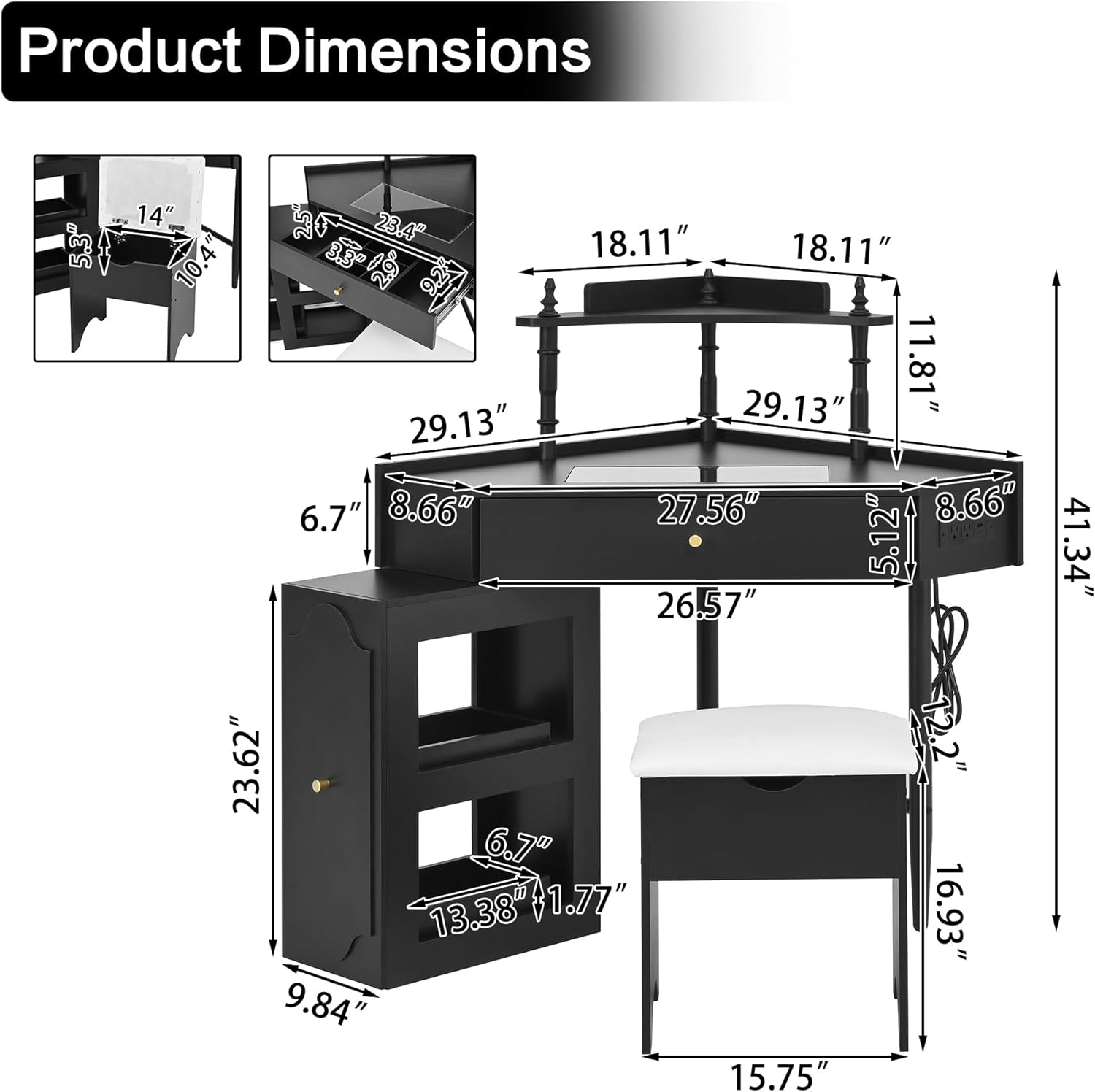 Corner Vanity Desk with Drawers, Corner Makeup Vanity with Storage Cushioned Stool & Charging Station, Wooden Makup Desk with Removable Pull-Out Side Cabinet & Storage Shelf, Black