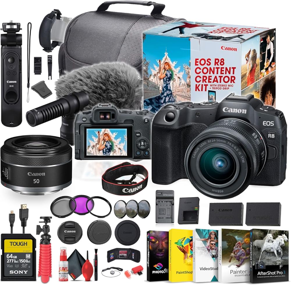Canon EOS R8 Mirrorless Camera Content Creator Kit with RF 24-50mm f/4.5-6.3 is STM Lens (5803C037) + Canon RF 50mm f/1.8 STM Lens (Canon RF) (4515C002) + 64GB Tough Memory Card + More (Renewed)