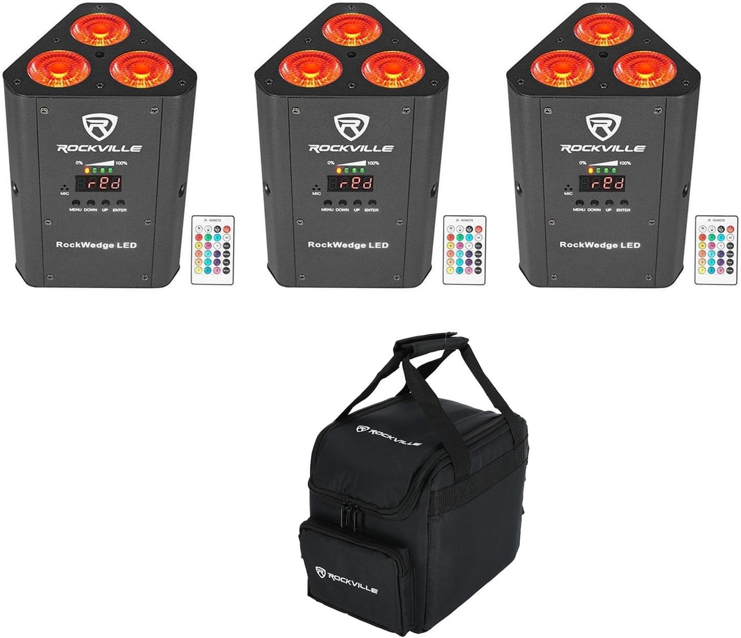 3 Rockville RockWedge LED RGBWA+UV Rechargeable Battery Wireless DMX Lights+Bag