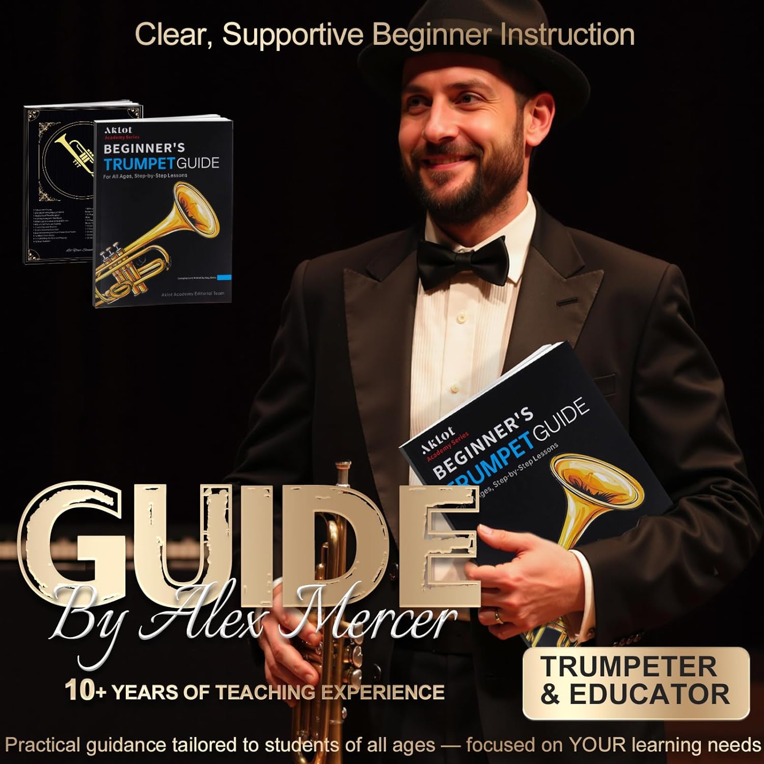 AKLOT Hand-Hammered Bell Bb Trumpet: Smooth Valve Action, Clear-Lacquered Brass Body, Standard Trumpet Beginner Set with Leather Case, Lesson Book, Trumpet Mute, Mouthpiece, Cleaning Kit (SNR-BrzAC)