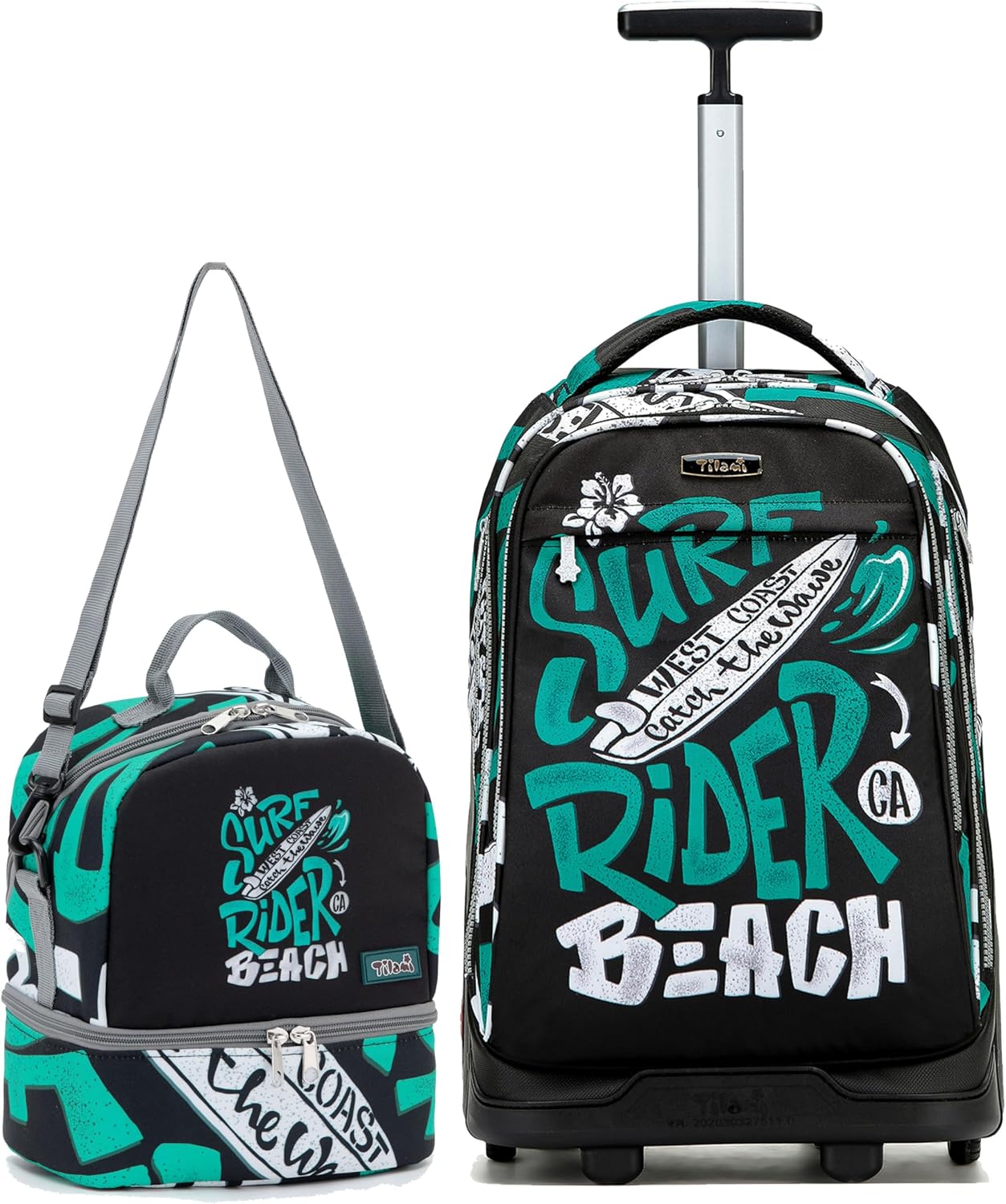 NEW TILAMI 19 Inch Rolling Backpack with Lunch Bag for Girls Boys Wheeled Laptop Backpack Durable Carry-on Bag School Travel, Beach Surf Rider
