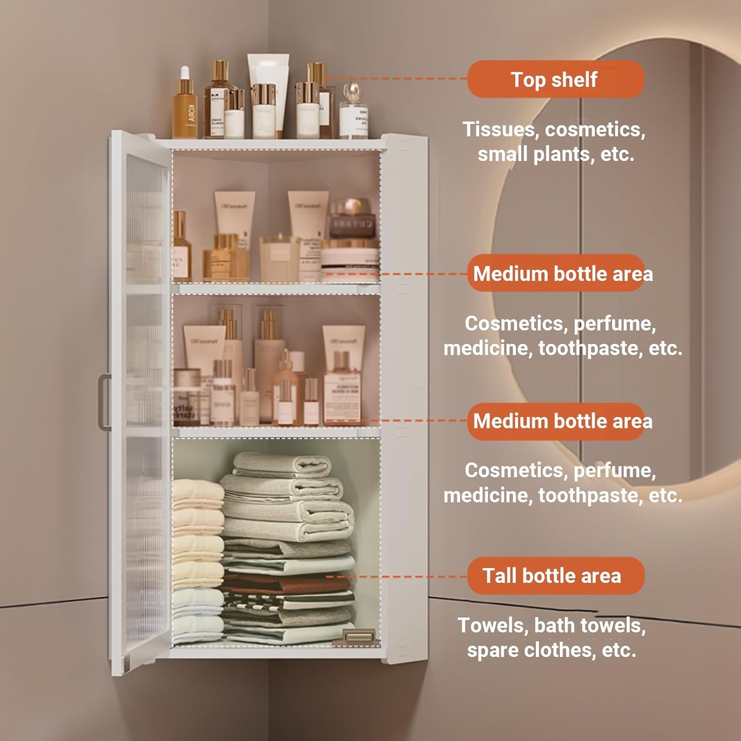 2/3 Tier Corner Spice Rack for Kitchen,Small Corner Medicine Cabinet with Glass Door,Wall-Mounted Makeup Organizer，Wall Mount Bathroom Cabinets(White-A,25x25x59cm/9.8x9.8x23.2in)