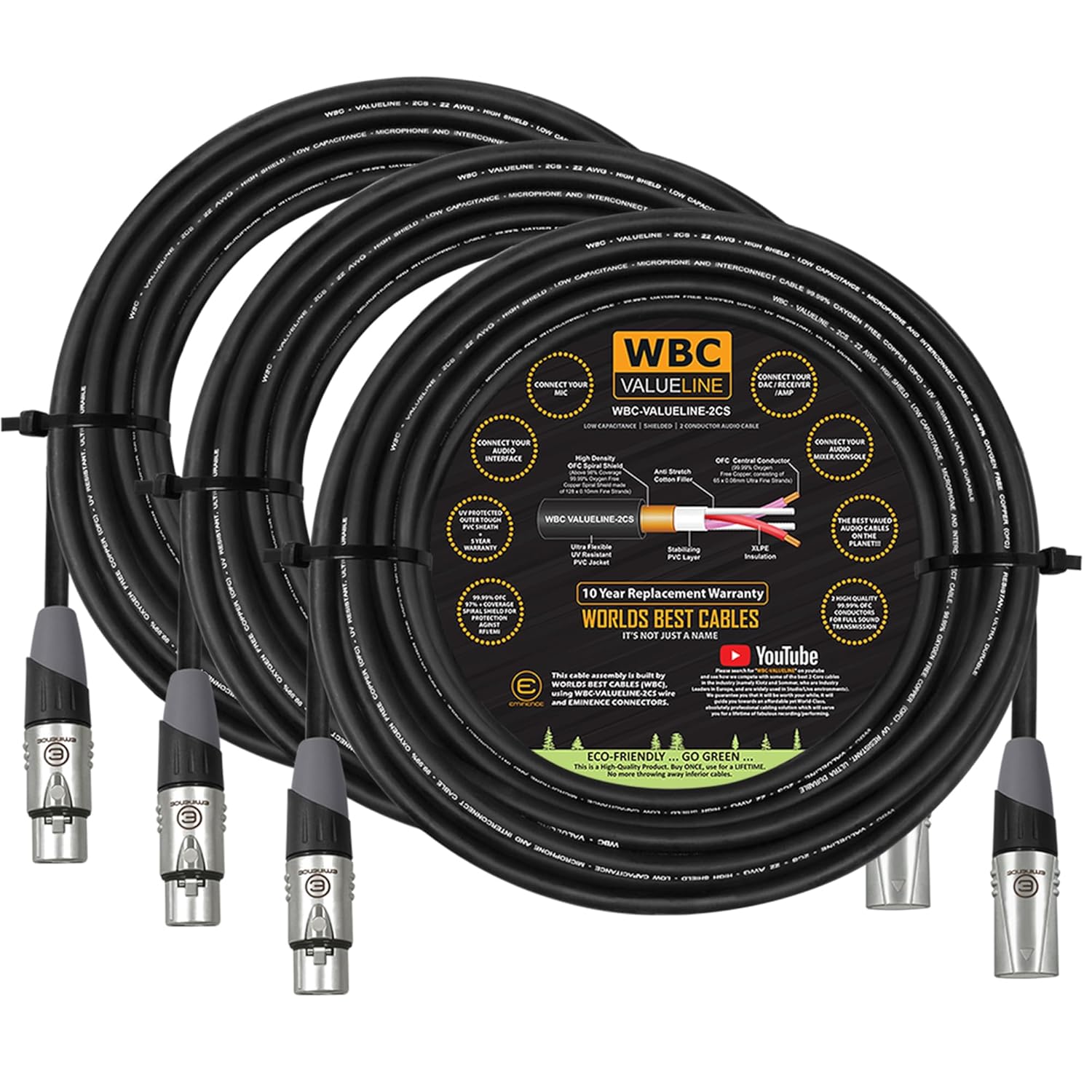 WBC-VALUELINE-2CS (22 AWG) - 3 Units - 75 Foot–Low-Capacitance Shielded Balanced Flexible Microphone, Active-Speaker & Interconnect Cables with Eminence Gold XLR Connectors