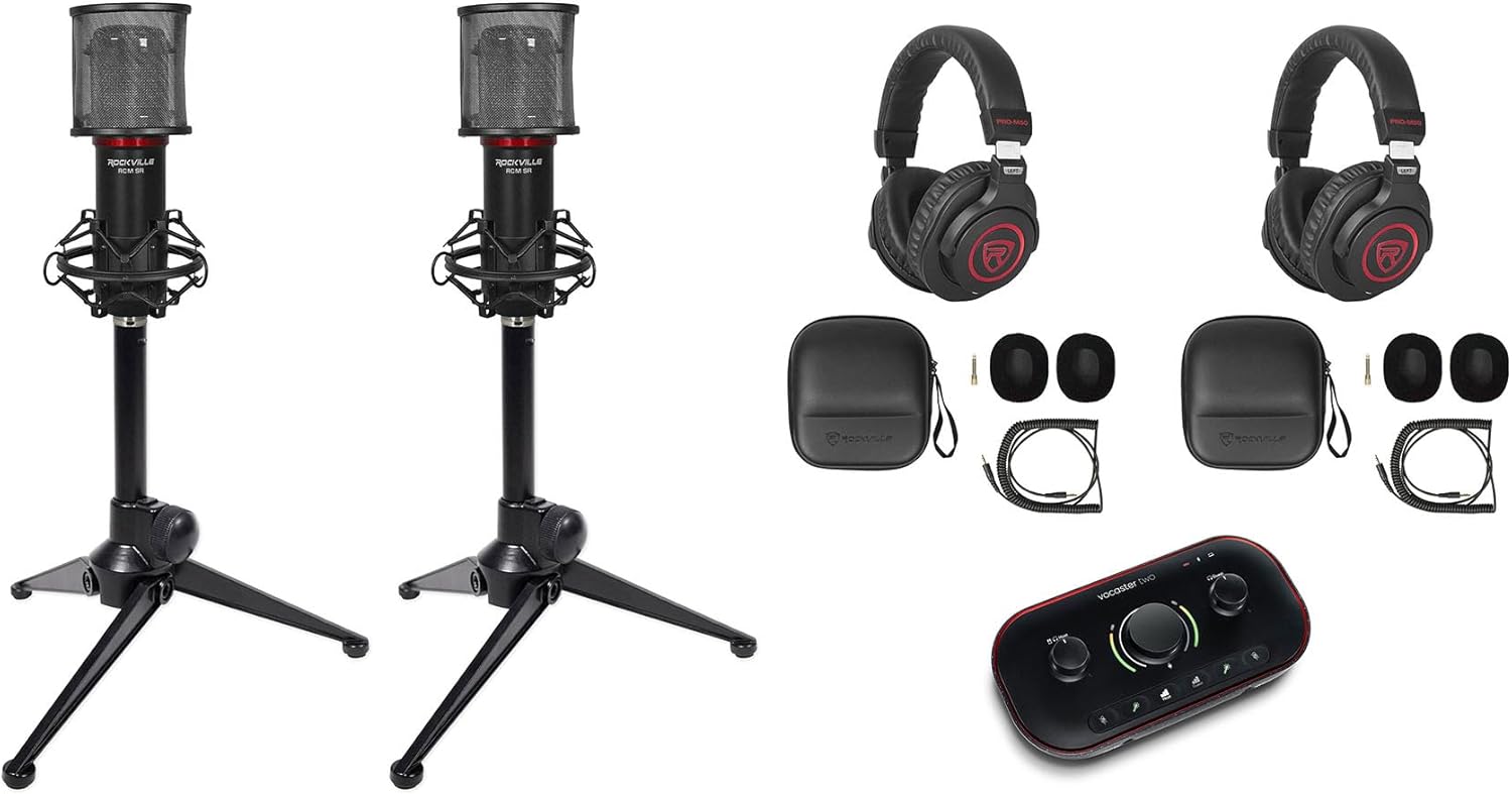 Audiosavings Bundle: (1) Focusrite Vocaster Two USB-C Audio Interface Bundle with (2) Rockville Studio Headphones & (2) Rockville Recording Microphone & (2) Rockville RDTS Microphone Stand (7 Items)
