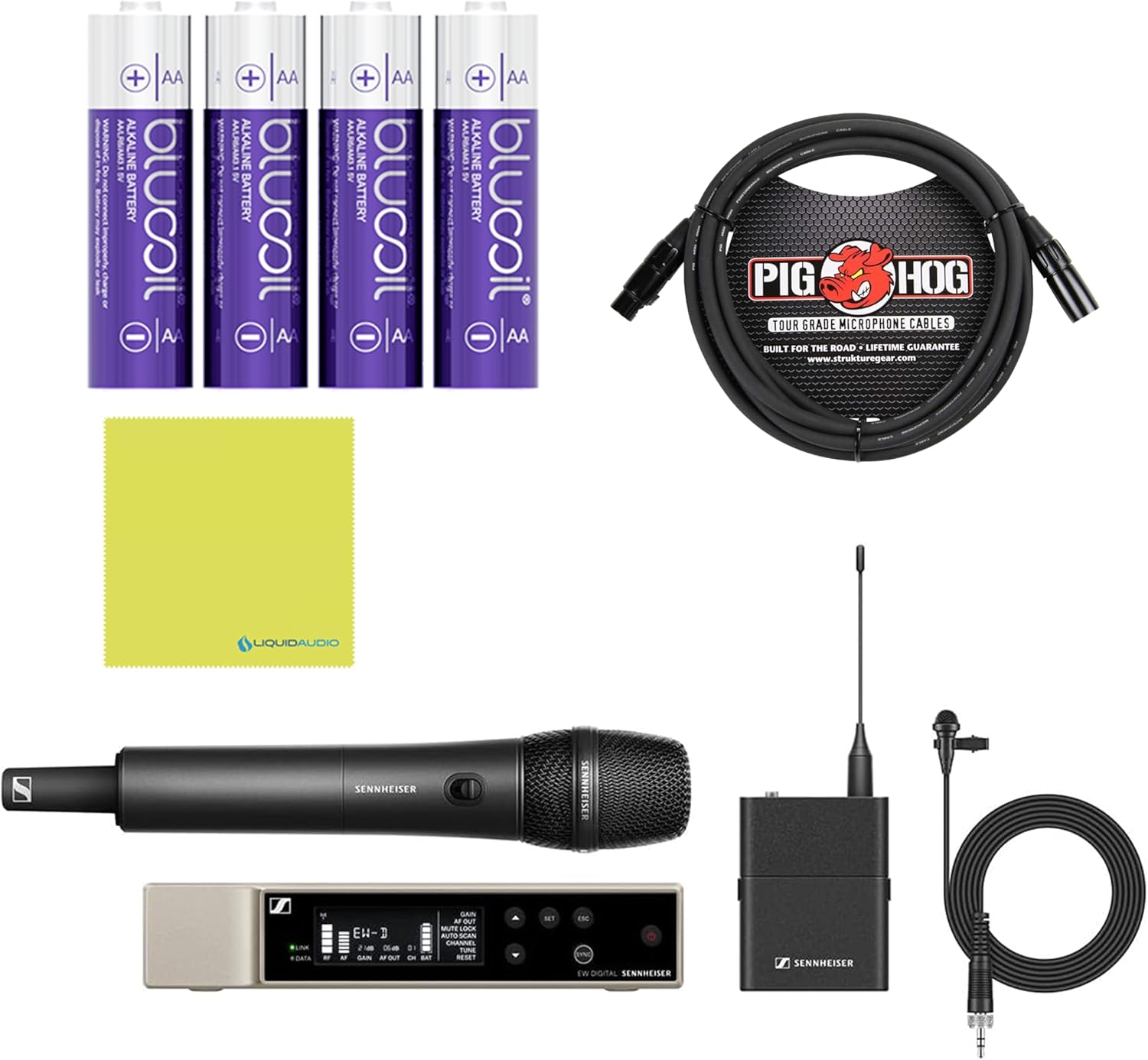 Sennheiser Combo Wireless Handheld & Lavalier Microphone System Bundle with 10ft Pig Hog Mic Cable, 4 AA Batteries & Polishing Cloth – EW-D ME2/835-S (R4-R9), Clear Digital Audio, UHF Transmission