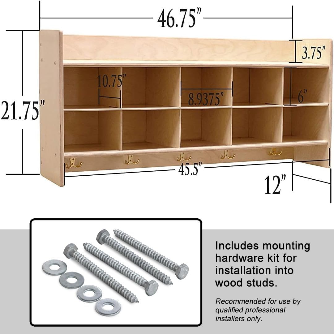 Contender Cubby Storage Organizer Cubes, Daycare Shelves with 10 Cubbies with Hooks and Shelf, Hanging Wall Mount, Furniture for Kids Toys, Classroom, 47-inch Width