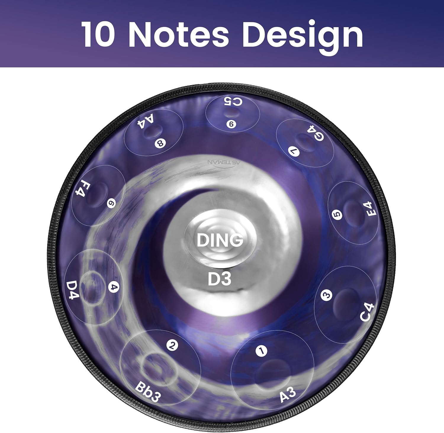 ASTEMAN Handpan in D Minor,432hz, 22 inches with 10 notes, comes with a backpack, courses, finger sleeves, stand, cleaning cloth, and two mallets.