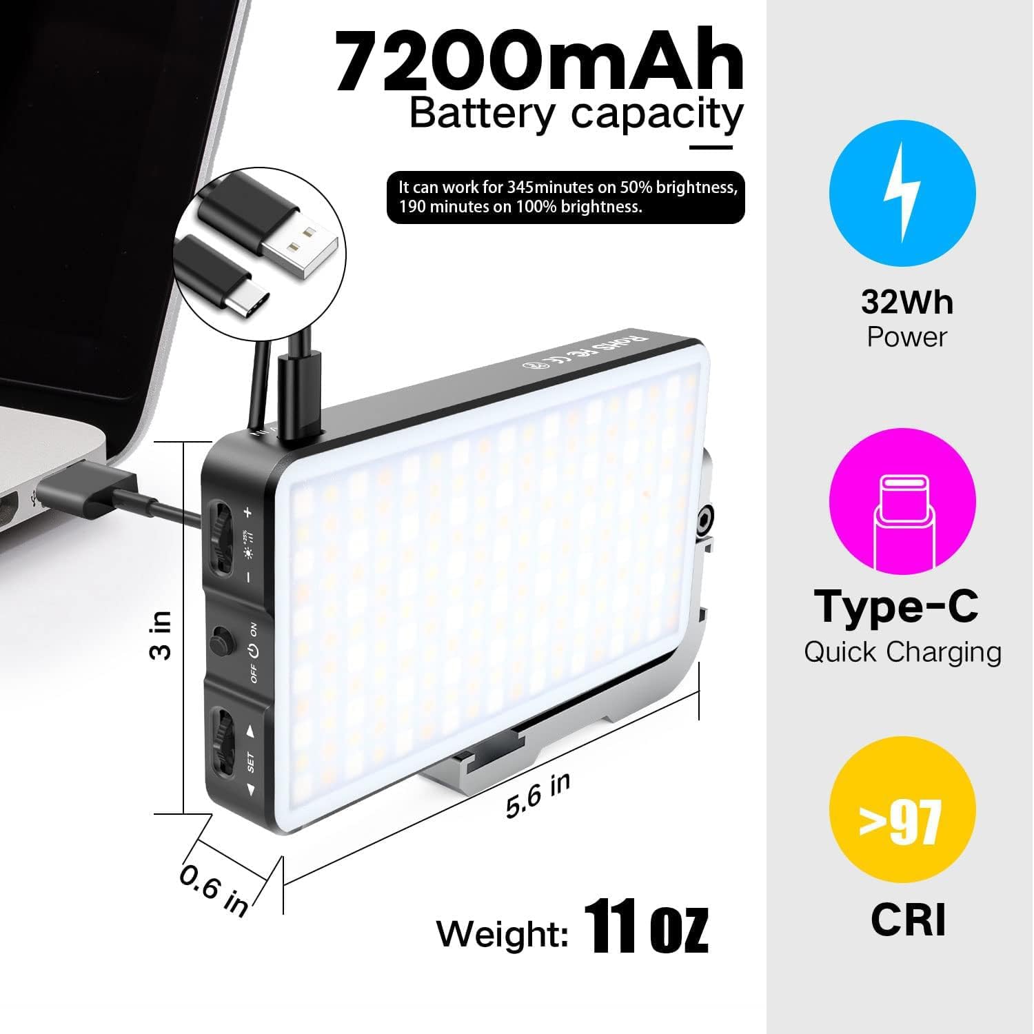 G2 Pocket RGB Camera Light,Built-in 7200mAh Rechargeable Battery 360°Full Color Gamut 9 Light Effects,2600-10000K LED Video Light Panel with Aluminum Alloy Body, Adjustable Tripod Stand