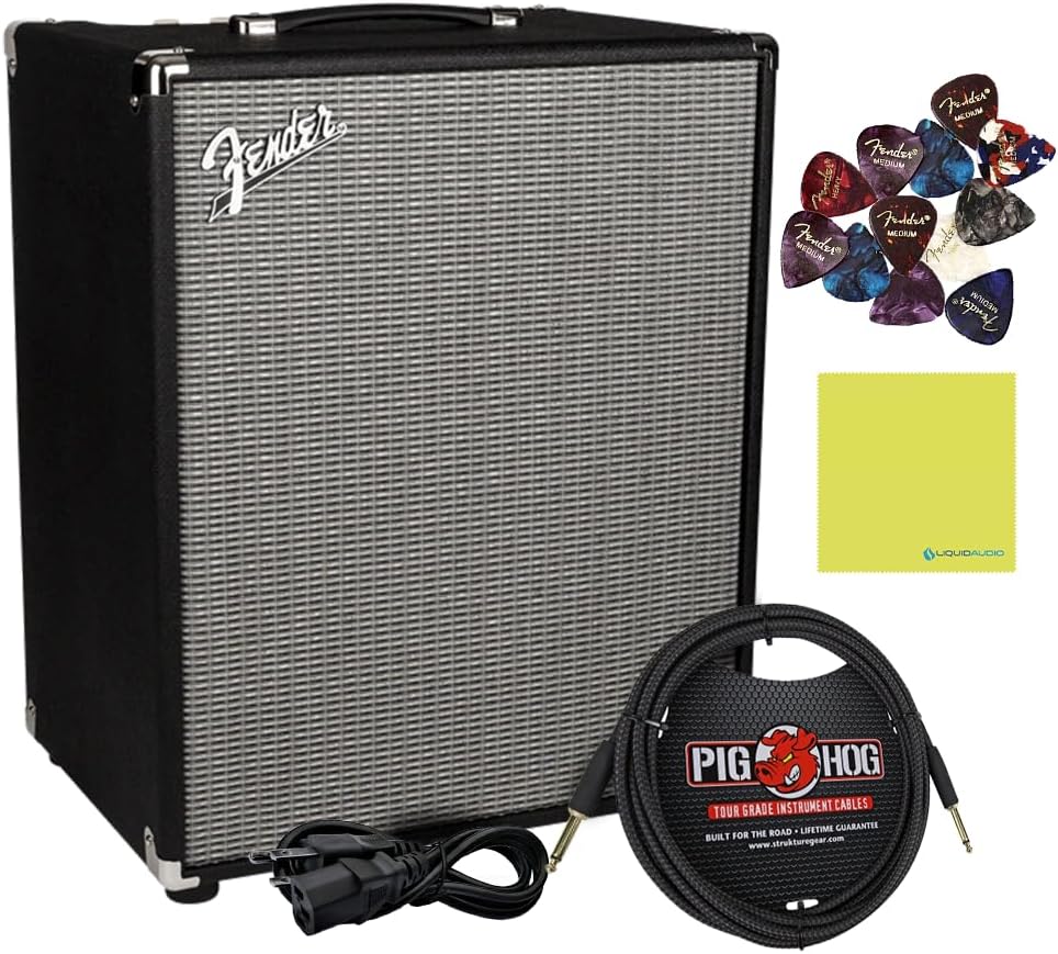 Fender Rumble™ 200 Bass Amplifier Bundle w/Pig Hog PCH10BK Black Woven Instrument Cable, Power Cable, 12x Fender Picks and Liquid Audio Polishing Cloth