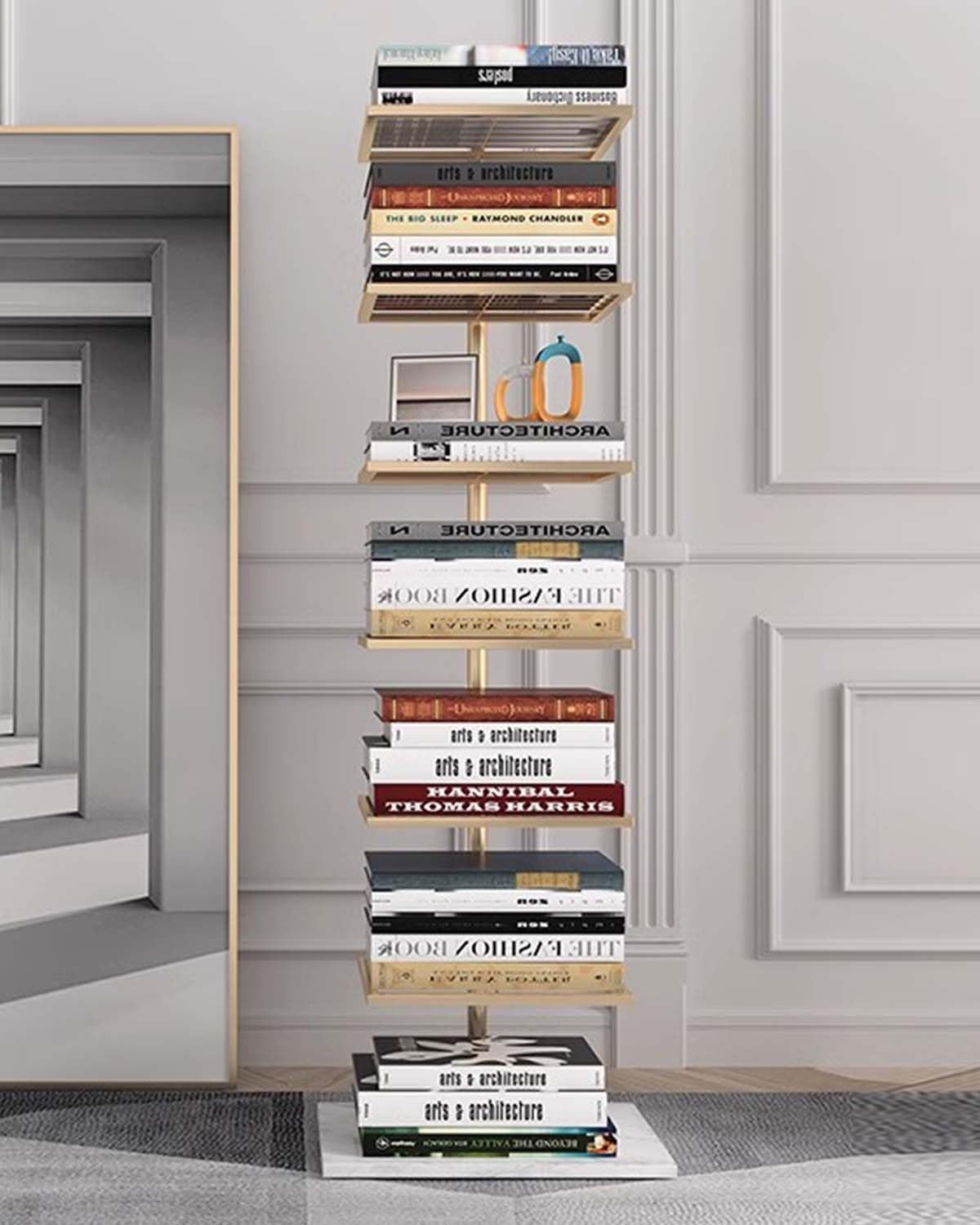 Tall Vertical Spine Book Tower, Space Saving Corner Bookshelf, Multipurpose Storage Rack Book Organizers, Floating Book Shelves Floor Standing(Gold,6-Tier 115cm (45
