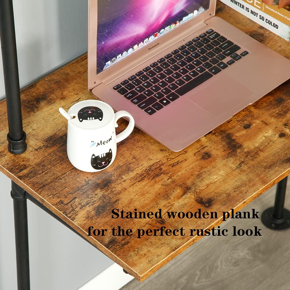 ZIOTHUM Industrial Wall Mount Desk with Shelves, Ladder Style Computer Laptop Desk, Floating Table with Storage, Industrial Pipe Bookcase for Home Office (36x20x81)