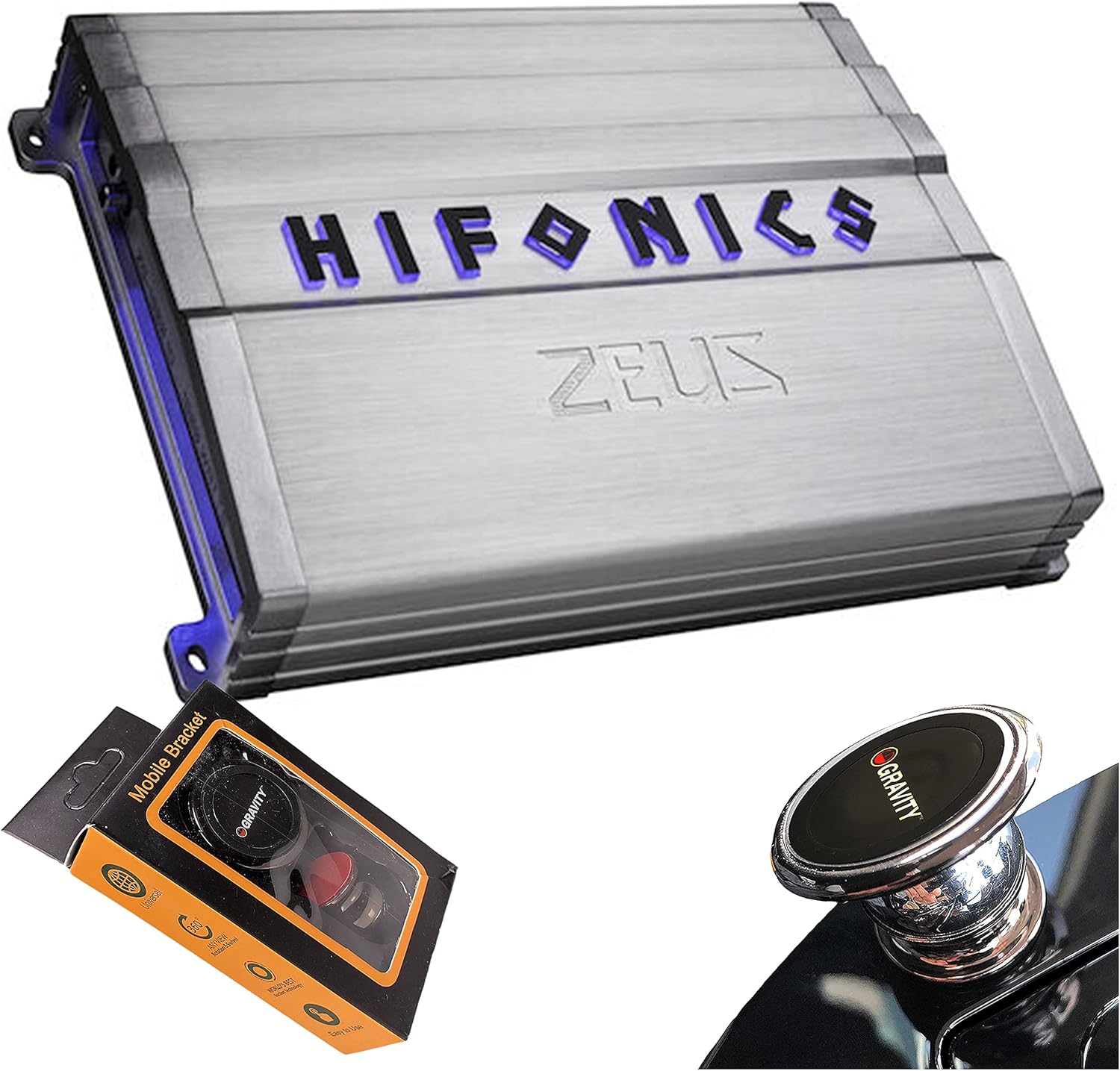 Hifonics ZG-1800.1D Zeus Gamma 1 Channel Super D Class 1800 Watt Car Audio Sound System Subwoofer Speaker Amp Amplifier with Gravity Magnet Phone Holder Bundle