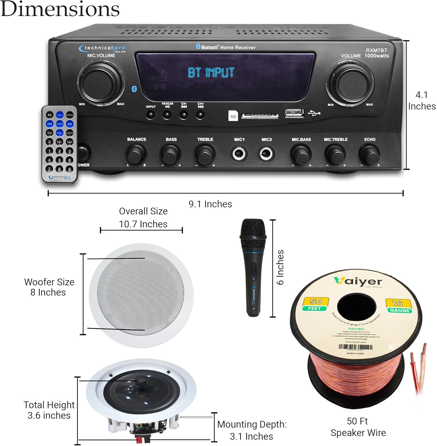 Vaiyer 1000W Bluetooth Home Theater Sound System – Amplifier with 4 High-Power 8” In-Ceiling FramED Speakers, 100ft Wire, Mic & Remote – Compact Audio Kit for Living Room, Office, Garage & Outdoor Use