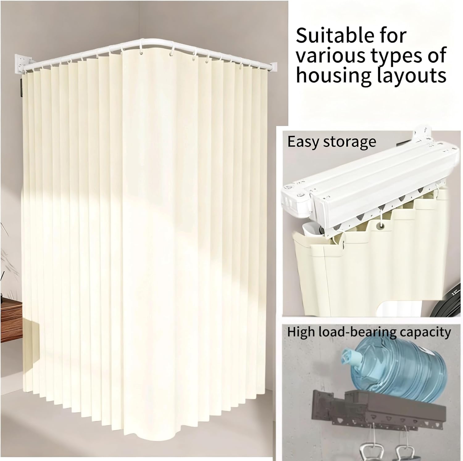 Folding Shower Curtain Rod Curtain Set,White Wall Mount Retractable Shower Curtain,Adjustable Angle, L/U Shaped Corner Shower Curtain Rod, No Drill, for Bathroom(5Fold78.7 * 78.7in)