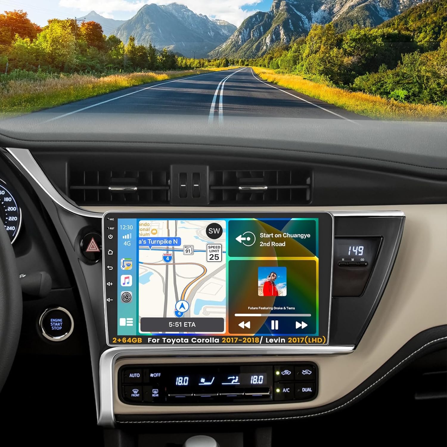 [2+64GB] Android 15 Car Radio for Toyota Corolla 2017-2018/Levin 2017 with Carplay Android Auto, 10 Inch HD Touchscreen Car Stereo with GPS WiFi Bluetooth FM/RDS EQ SWC Backup Camera MIC