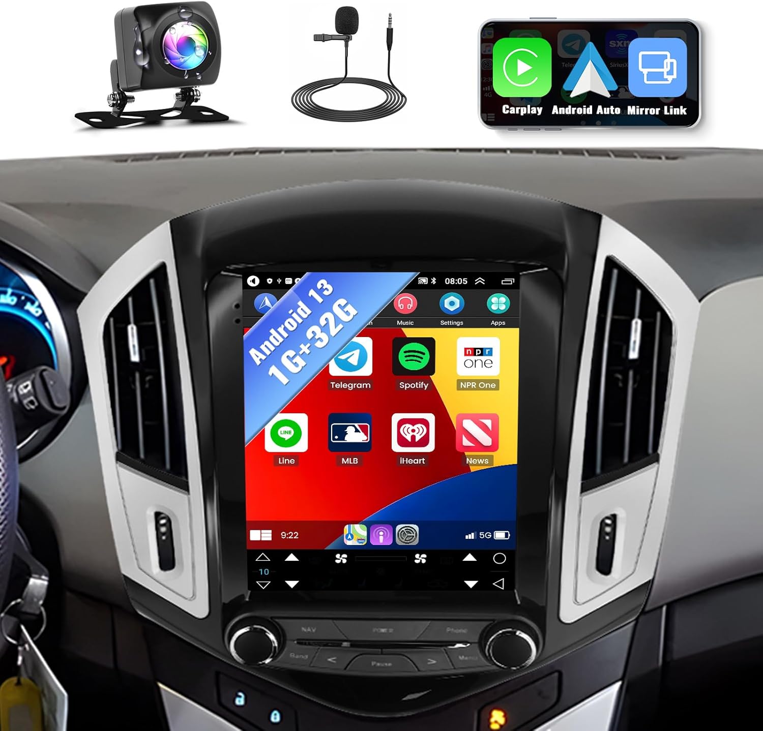 SIXWIN Android Car Stereo for Chevrolet Cruze 2012-2015 9.7 Inch Touch Screen Car Radio with Wireless Apple Carplay Android Auto 1G+32G GPS Navigation Bluetooth FM WiFi HiFi Backup Camera MIC