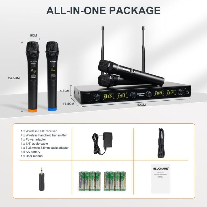 UHF Wireless Microphone System, Quad-Channel Wireless Mic Set w/ 4 Handheld Mics, 260 ft, 4X 25 Frequencies, Dynamic Microphones for Singing, Home Karaoke, DJ, Church, Wedding (MWM-40F)