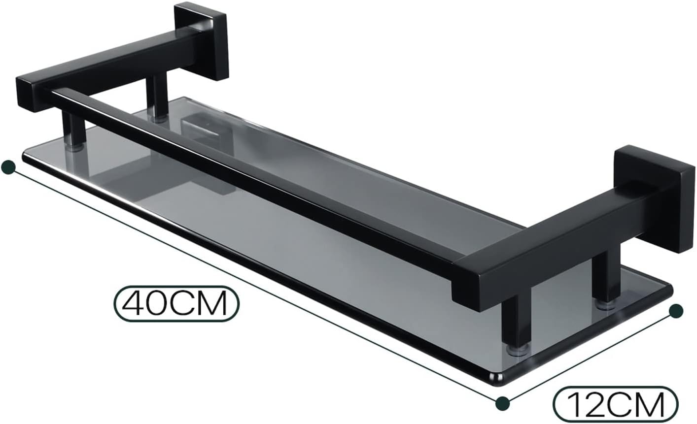 GLigeT Bathroom Organiser Bathroom Glass Shelf Aluminum Tempered Glass Thick Rectangular 1 Tier Storage Organizer Wall Mount Glass Floating Shelves Shower Shelves (Color : Matte Black)